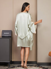 SilkSilky US Pure Silk 3/4 Sleeve V Neck Nightgown&Robe Set MintGreen 002