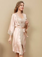 SilkSilky US Pure Silk 3/4 Sleeve Nightgown&Robe Set LightPink 003