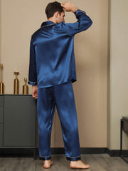 SilkSilky US Pure Silk Long Sleeve Lapel Men's Pajamas DarkBlue 004