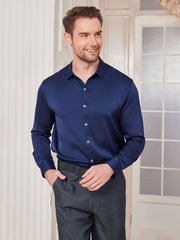 SilkSilky US Silk Blend Long Sleeve Collar Men's Shirt DarkBlue 004