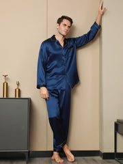 SilkSilky US Pure Silk Long Sleeve Lapel Men's Pajamas DarkBlue 003