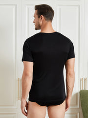 SilkSilky US Silk Knitted Short Sleeve V Neck Men's T Shirt Black 002