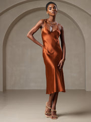 SilkSilky US Pure Silk Sleeveless V Neck Dress Caramel 003