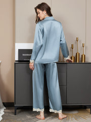 SilkSilky US Pure Silk Long Sleeve Lapel Women's Pajamas SteelBlue 002