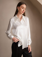 SilkSilky US 19Momme Silk Blend Long Sleeve Collar Women's Shirt White 001