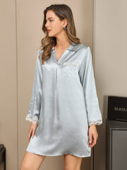 SilkSilky US Pure Silk Long Sleeve V Neck Nightgown LightBlue 004