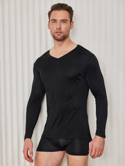 SilkSilky US Silk Knitted Long Sleeve V Neck Men's T Shirt Black 004