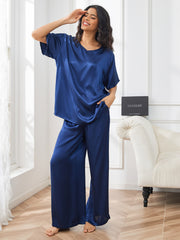 SilkSilky US Pure Silk Short Sleeve V Neck Women's Pajamas DarkBlue 001