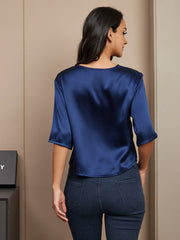 SilkSilky US Pure Silk Half Sleeve Boat Neck Women's T Shirt DarkBlue 002