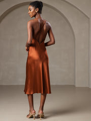 SilkSilky US Pure Silk Sleeveless V Neck Dress Caramel 004