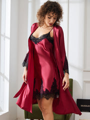 SilkSilky US Pure Silk 3/4 Sleeve Nightgown&Robe Set DarkRed 004