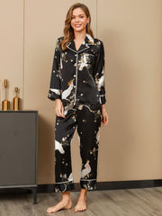 SilkSilky US Pure Silk Long Sleeve Lapel Women's Pajamas Black 004