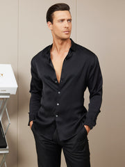 SilkSilky US Silk Blend Long Sleeve Collar Men's Shirt Black 004