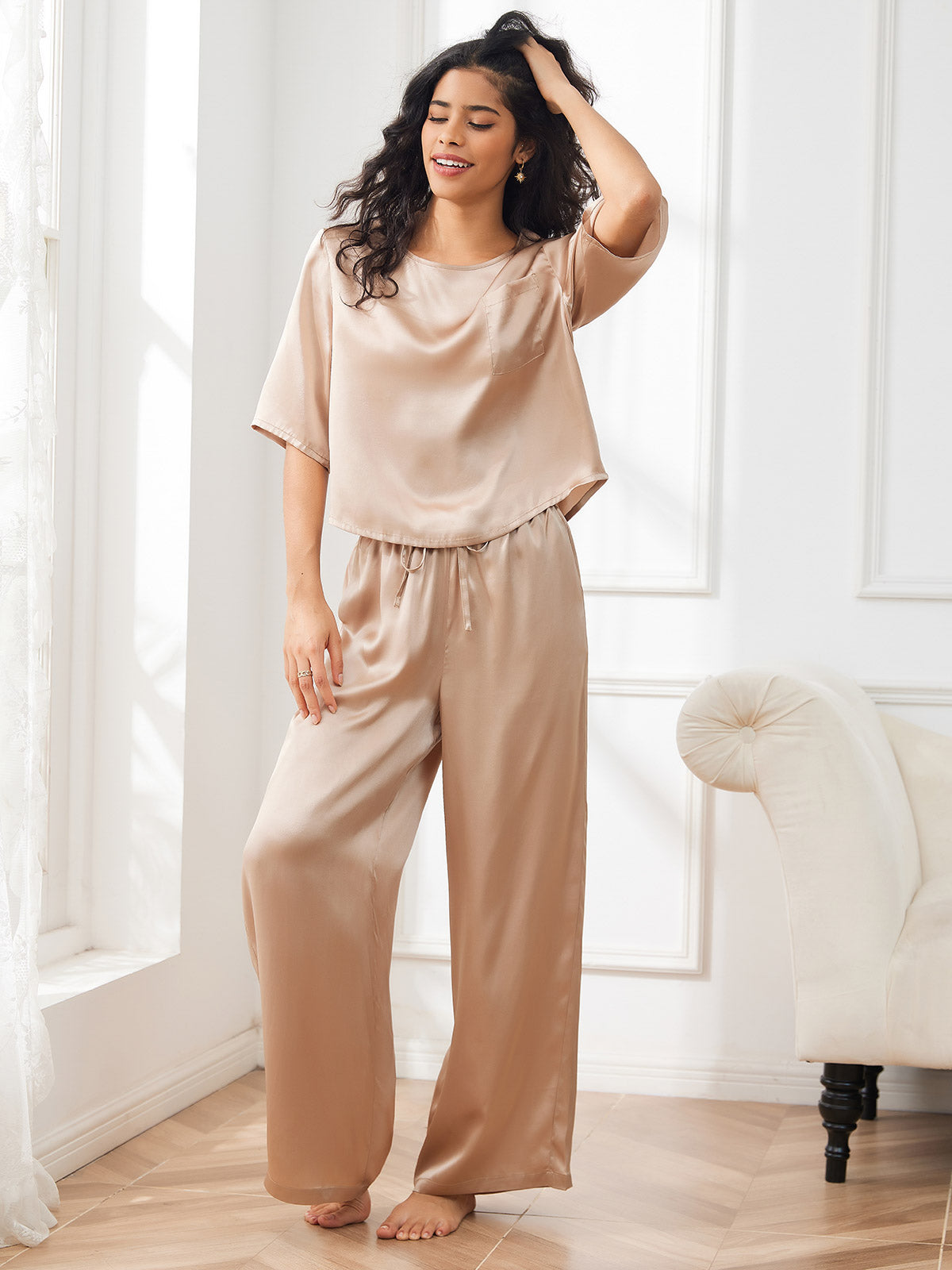 SilkSilky US Pure Silk Half Sleeve Round Neck Women's Pajamas Champagne 001