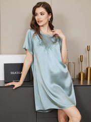 SilkSilky US Pure Silk Short Sleeve Round Neck Nightgown LightBlue 003