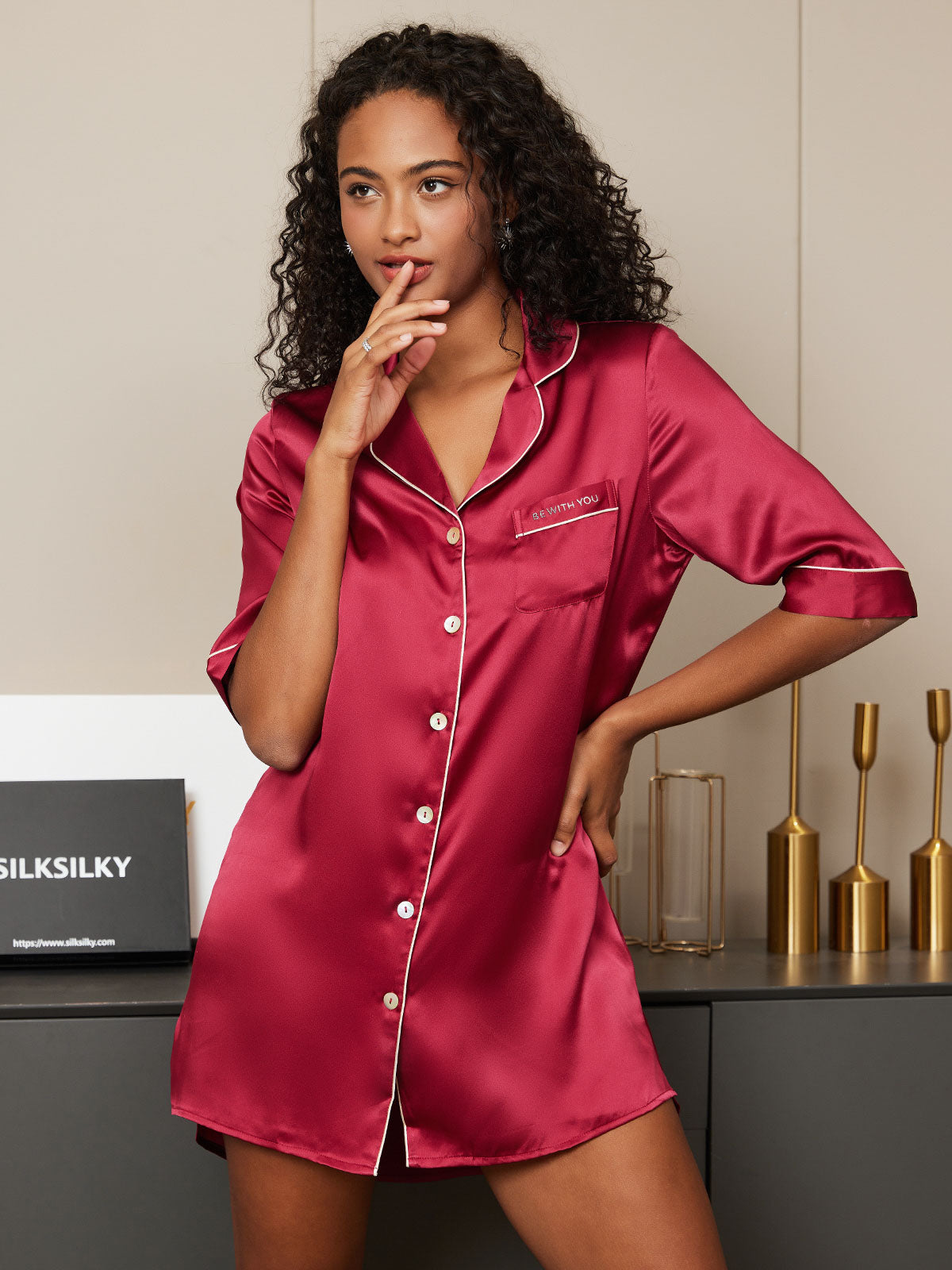 SilkSilky US Pure Silk Half Sleeve Lapel Nightshirt Wine 001