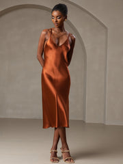 SilkSilky US Pure Silk Sleeveless V Neck Dress Caramel 002