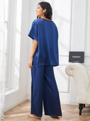 SilkSilky US Pure Silk Short Sleeve V Neck Women's Pajamas DarkBlue 002