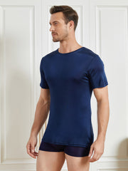 SilkSilky US Silk Knitted Short Sleeve Round Neck Men's T Shirt DarkBlue 003