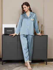 SilkSilky US Pure Silk Long Sleeve Lapel Women's Pajamas SteelBlue 004