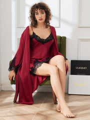 SilkSilky US Pure Silk 3/4 Sleeve Nightgown&Robe Set DarkRed 003