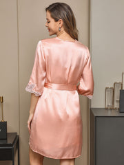 SilkSilky US Pure Silk Half Sleeve Nightgown&Robe Set Pink 002