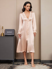 SilkSilky US Pure Silk Long Sleeve V Neck Nightgown Champagne 003