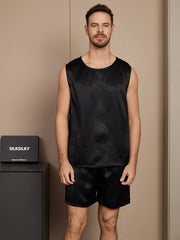 SilkSilky US Pure Silk Sleeveless Round Neck Men's Pajamas Black 003