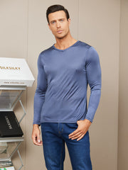 SilkSilky US Silk Knitted Long Sleeve V Neck Men's T Shirt DarkBlue 003