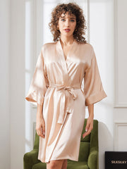 SilkSilky US Pure Silk Half Sleeve Womens Robe Champagne 004