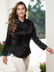 SilkSilky US 19Momme Silk Blend Long Sleeve Collar Women's Shirt Black 003