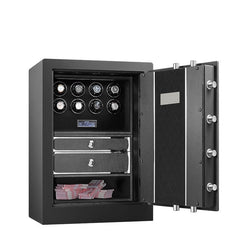 Luxury Titan watch winder safe from Time Spinners, featuring a sleek black finish and multiple watch capacity, ideal for securely winding and protecting high-end timepieces.