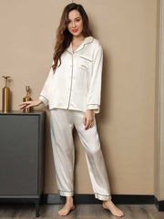 SilkSilky US Pure Silk Long Sleeve Lapel Women's Pajamas White 004