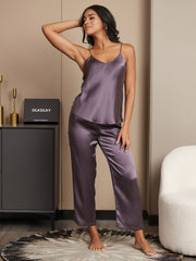 SilkSilky US Pure Silk Sleeveless V Neck Camisole Set PurpleGray 002