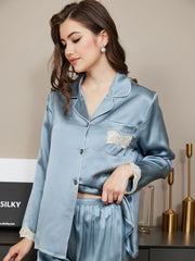 SilkSilky US Pure Silk Long Sleeve Lapel Women's Pajamas SteelBlue 003