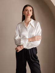 SilkSilky US 19Momme Silk Blend Long Sleeve Collar Women's Shirt White 004