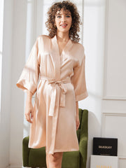 SilkSilky US Pure Silk Half Sleeve Womens Robe Champagne 003