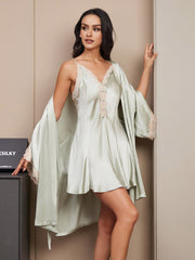 SilkSilky US Pure Silk 3/4 Sleeve V Neck Nightgown&Robe Set MintGreen 003