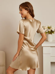 SilkSilky US Pure Silk Short Sleeve V Neck Nightgown Champagne 002