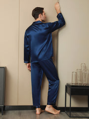 SilkSilky US Pure Silk Long Sleeve Lapel Men's Pajamas DarkBlue 002