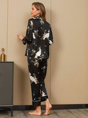 SilkSilky US Pure Silk Long Sleeve Lapel Women's Pajamas Black 002