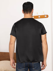 SilkSilky US Pure Silk Short Sleeve V Neck Men's T Shirt Black 002