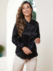 SilkSilky US 19Momme Silk Blend Long Sleeve Collar Women's Shirt Black 001