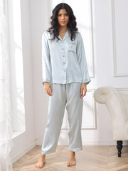 SilkSilky US Pure Silk Long Sleeve Lapel Women's Pajamas LightBlue 003