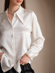 SilkSilky US 19Momme Silk Blend Long Sleeve Collar Women's Shirt White 003