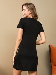 SilkSilky US Silk Knitted Short Sleeve Round Neck Nightgown Black 002