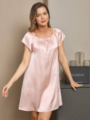 SilkSilky US Pure Silk Cap Sleeve Tie Neck Nightgown LightPink 001