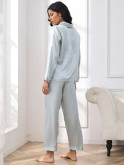 SilkSilky US Pure Silk Long Sleeve Lapel Women's Pajamas LightBlue 002