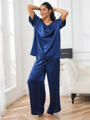 SilkSilky US Pure Silk Short Sleeve V Neck Women's Pajamas DarkBlue 003