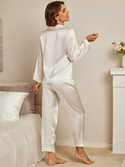 SilkSilky US Pure Silk Long Sleeve Lapel Women's Pajamas White 003